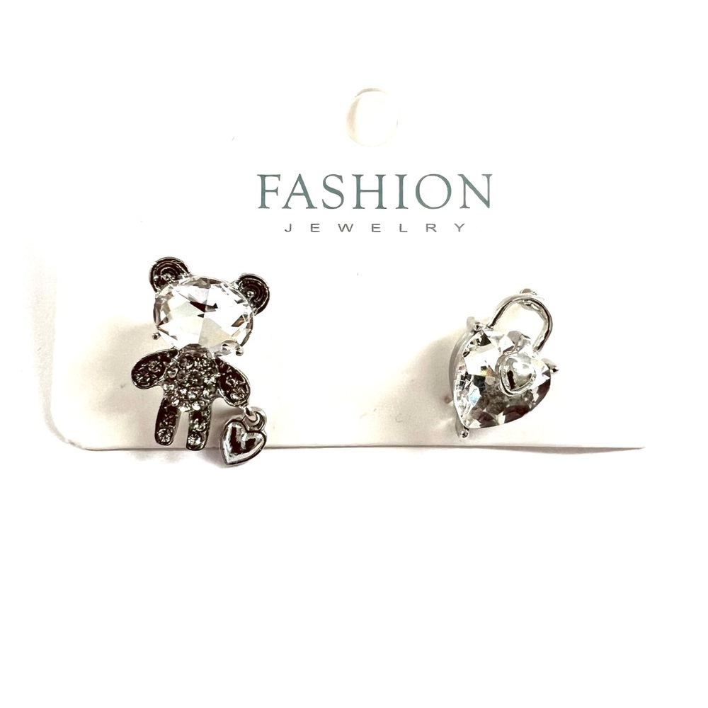 Rhinestone Teddy Bear & Heart Lock Mismatch Earrings